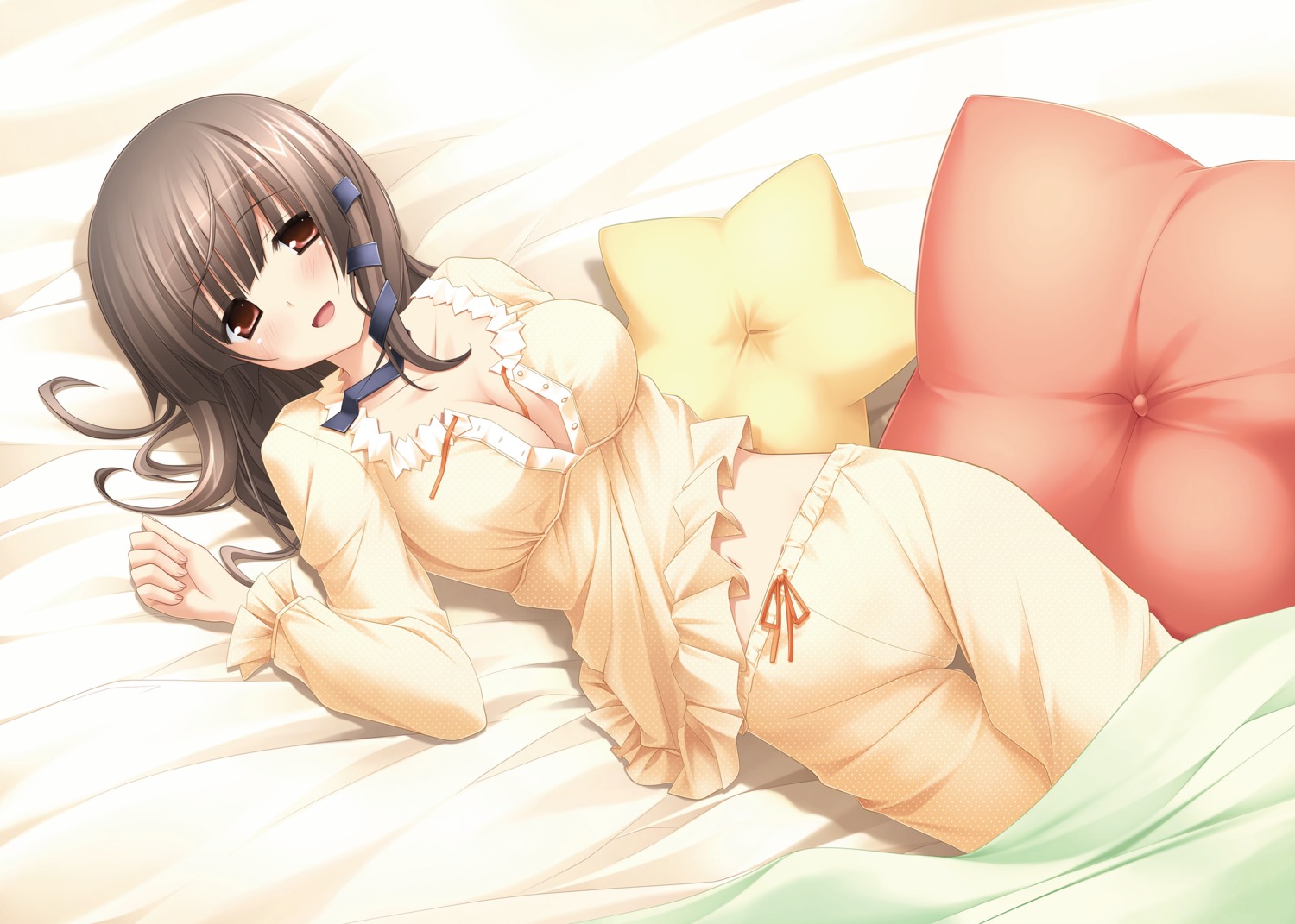 cleavage, digital_version, hulotte, ikegami_akane, makiya_kasumi, pajama, with_ribbon