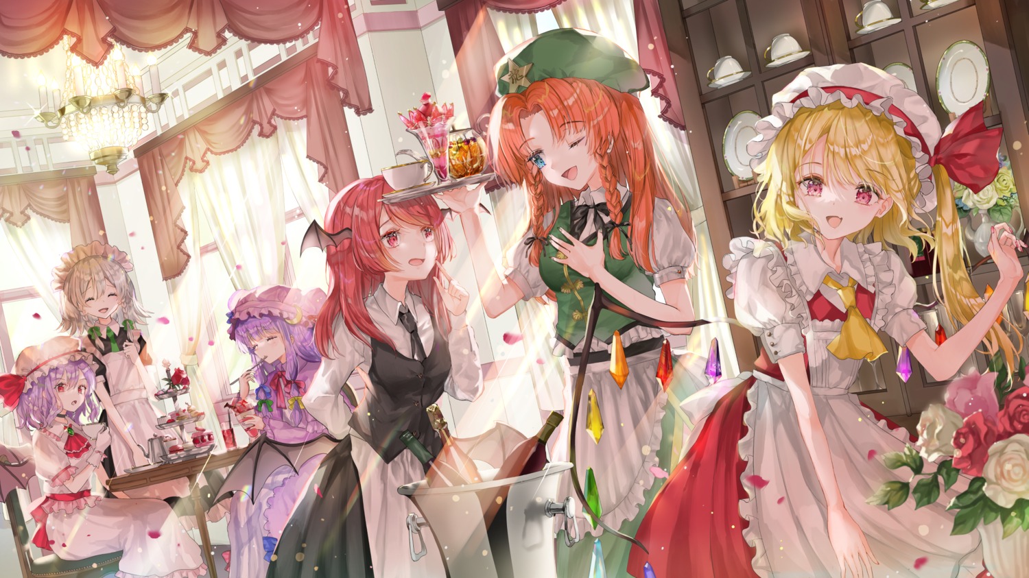 artist_revision, flandre_scarlet, hong_meiling, izayoi_sakuya, koakuma, maid, patchouli_knowledge, piyo_(sqn2idm751), remilia_scarlet, touhou, waitress, wings
