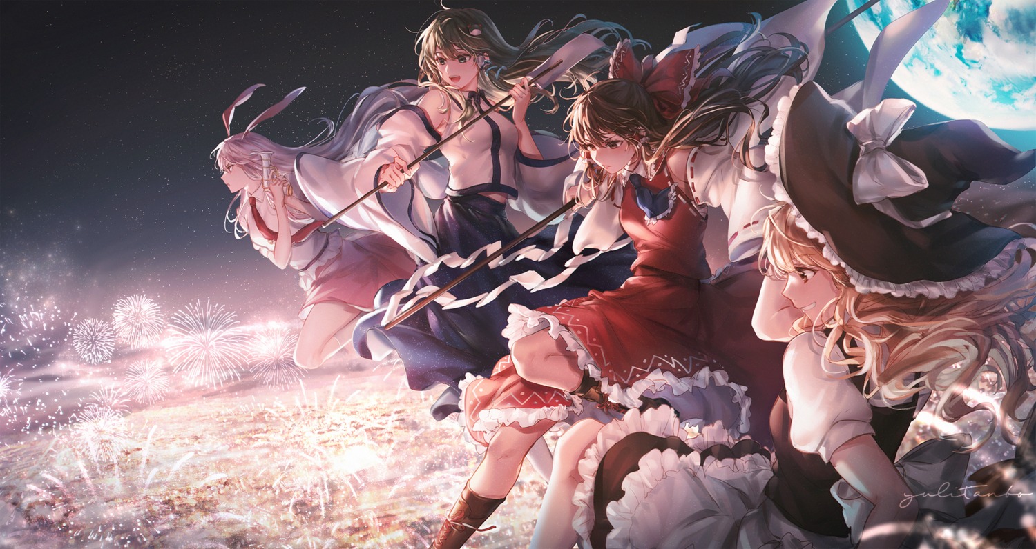 animal_ears, bunny_ears, hakurei_reimu, kirisame_marisa, kochiya_sanae, miko, reisen_udongein_inaba, skirt_lift, touhou, witch, yuli_(yulipo)