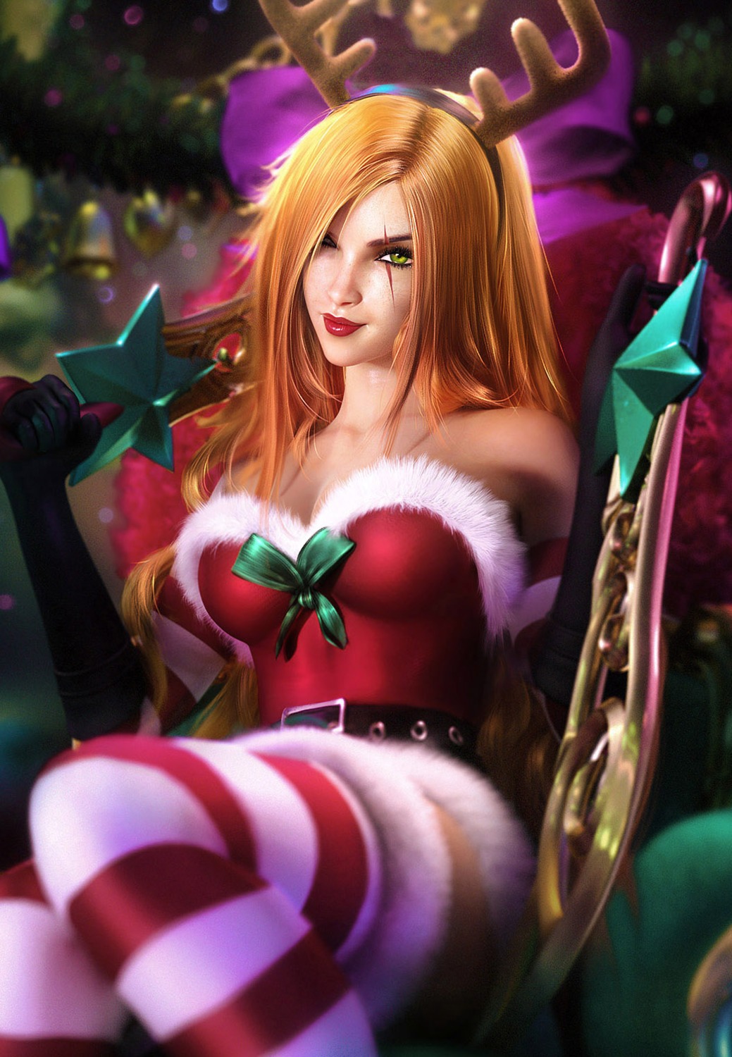 christmas, horns, katarina_du_couteau, league_of_legends, sevenbees, thighhighs