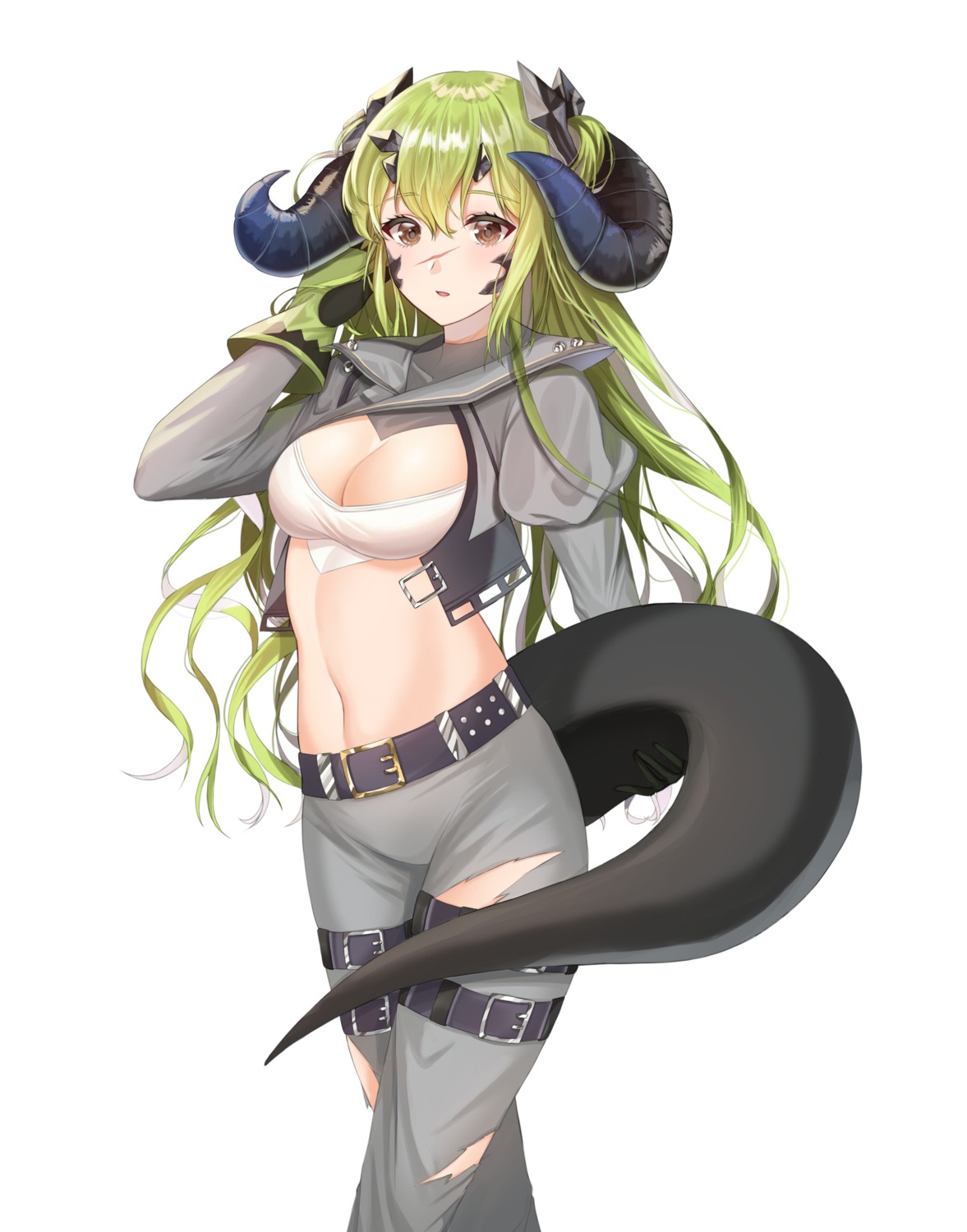 arknights, cleavage, estelle_(arknights), garter, horns, mohaka, no_bra, tail, torn_clothes