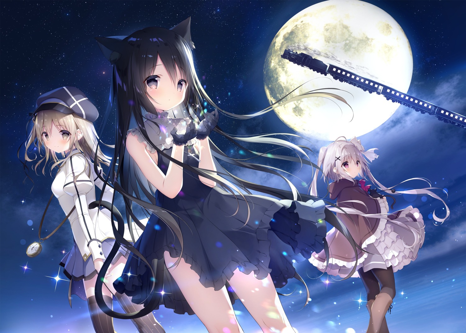 animal_ears, dress, hoshizora_tetsudou_to_shiro_no_tabi, karuha_(hoshizora_tetsudou_to_shiro_no_tabi), nekomimi, neri_(hoshizora_tetsudou_to_shiro_no_tabi), noir_(hoshizora_tetsudou_to_shiro_no_tabi), pantyhose