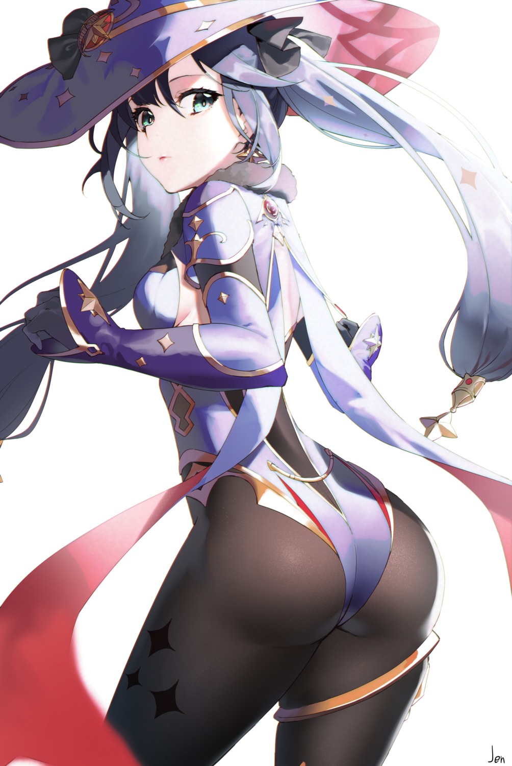arjent, ass, garter, genshin_impact, leotard, mona_megistus, pantyhose, witch