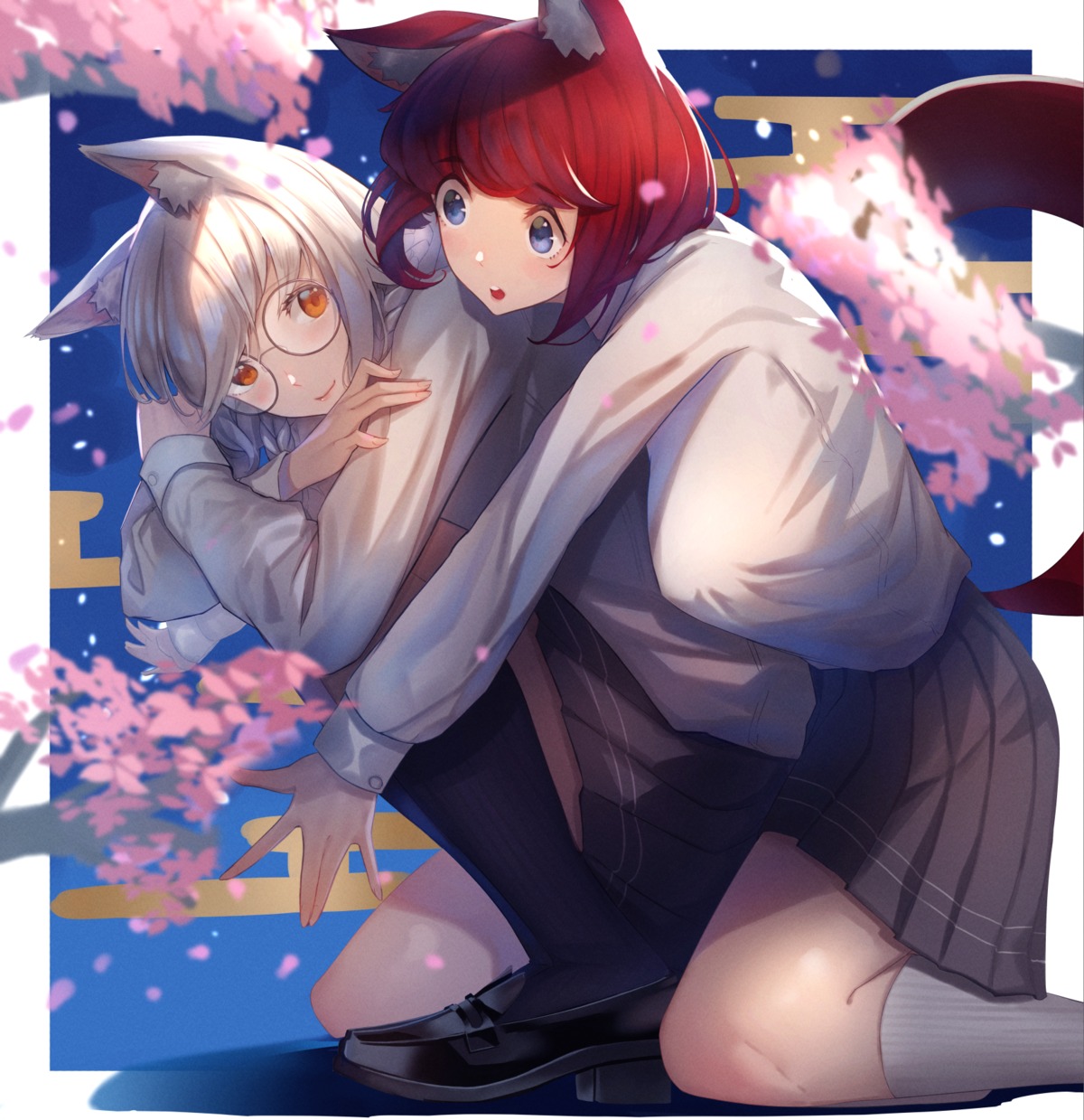 animal_ears, gedou_hakurou, megane, seifuku, skirt_lift, tail, yuri