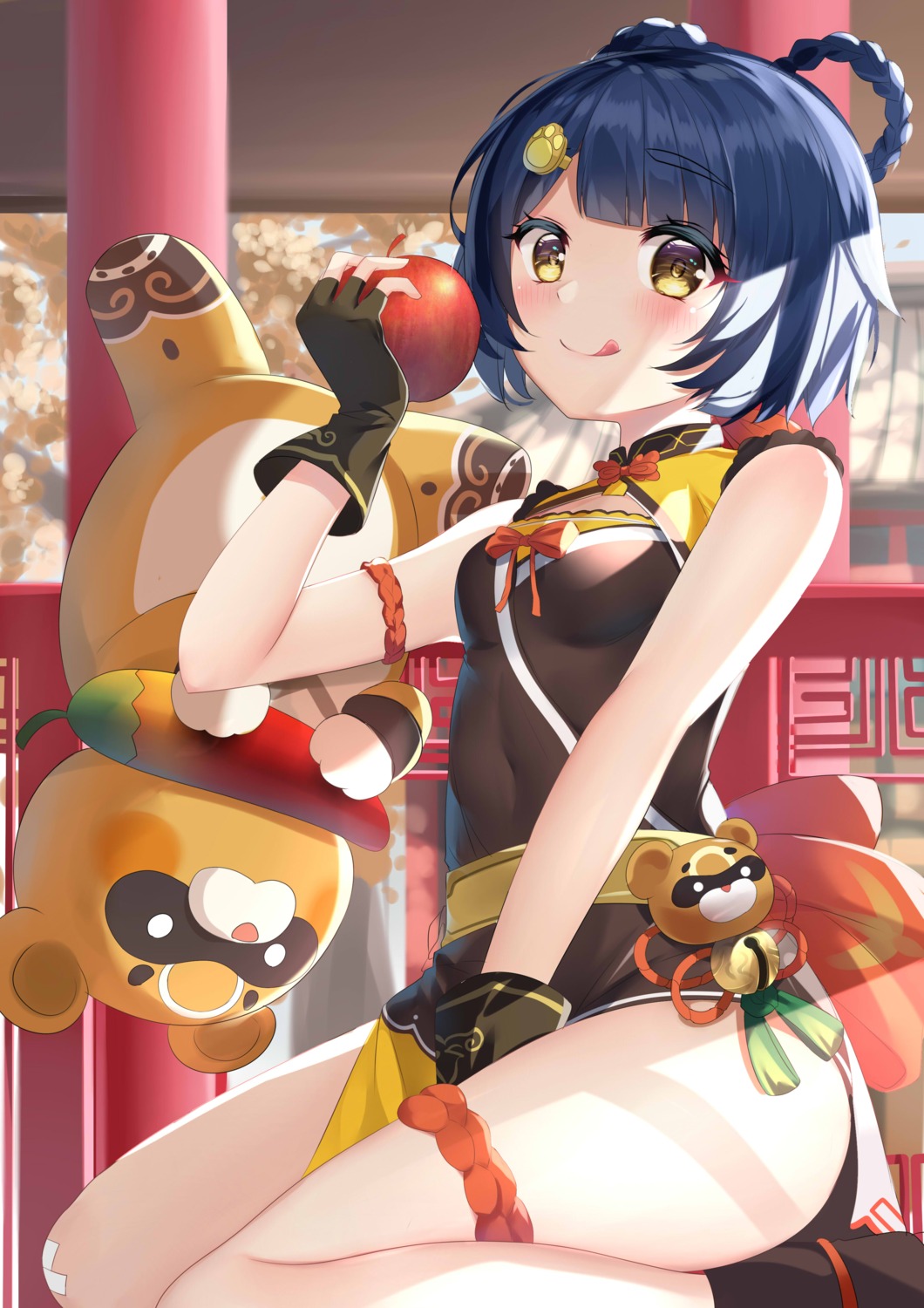 asian_clothes, garter, genshin_impact, guoba, ikazu401, jpeg_artifacts, xiangling