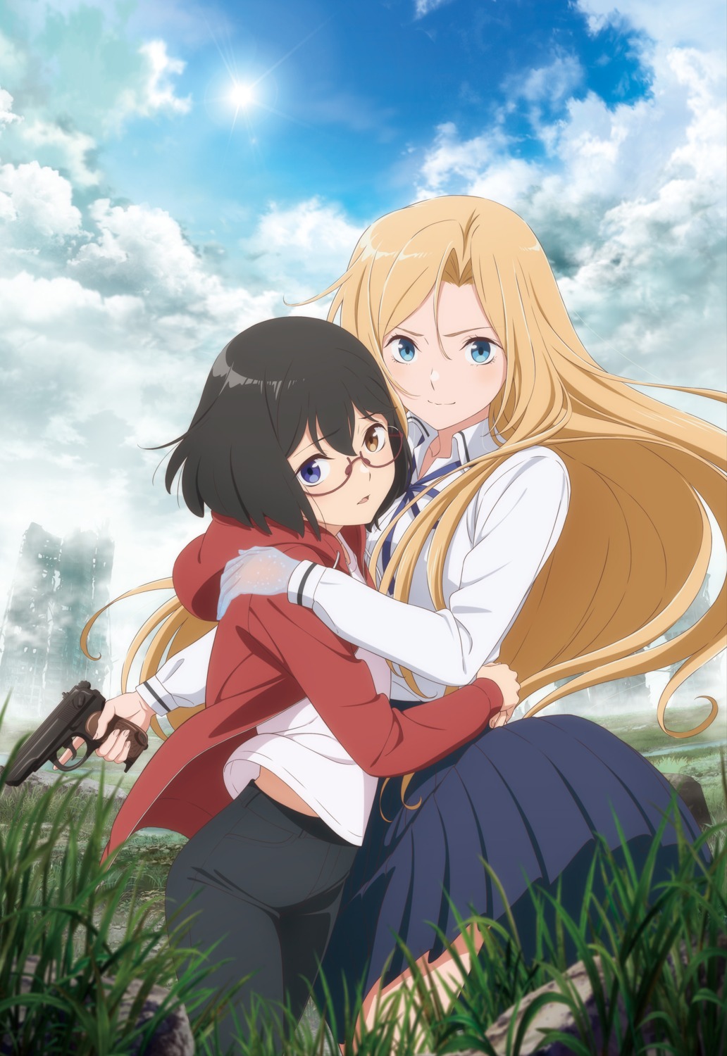gun, heterochromia, kamikoshi_sorawo, megane, nishina_toriko, possible_duplicate, seifuku, skirt_lift, tagme, urasekai_picnic, yuri