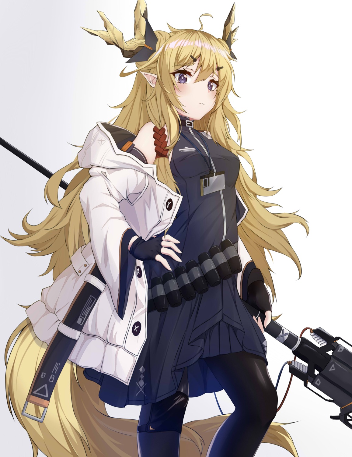 arknights, horns, leizi_(arknights), pantyhose, pointy_ears, ponta_(velmar), tail, weapon