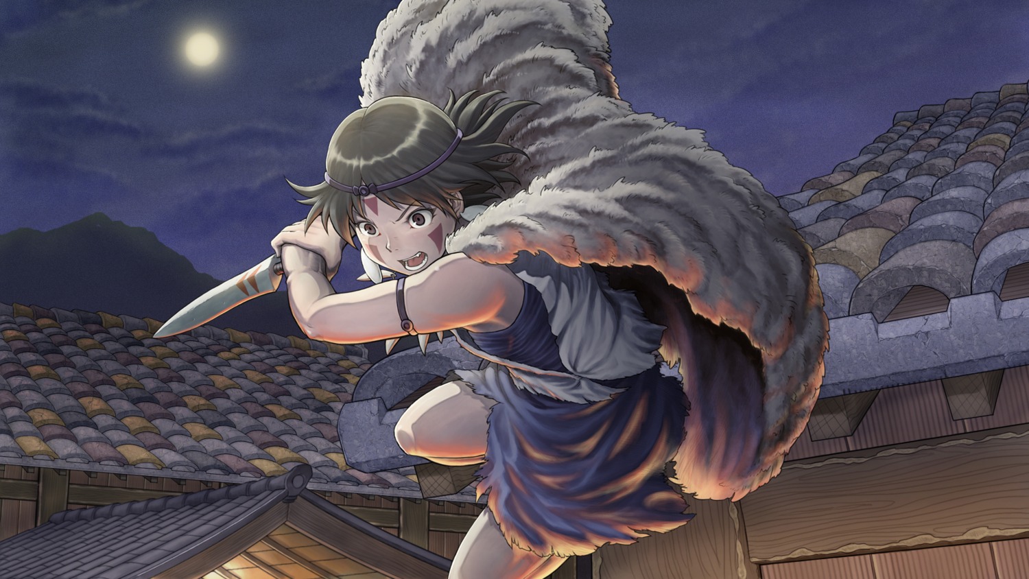 chiaki_rakutarou, mononoke_hime, san, skirt_lift, tattoo, torn_clothes, wallpaper, weapon