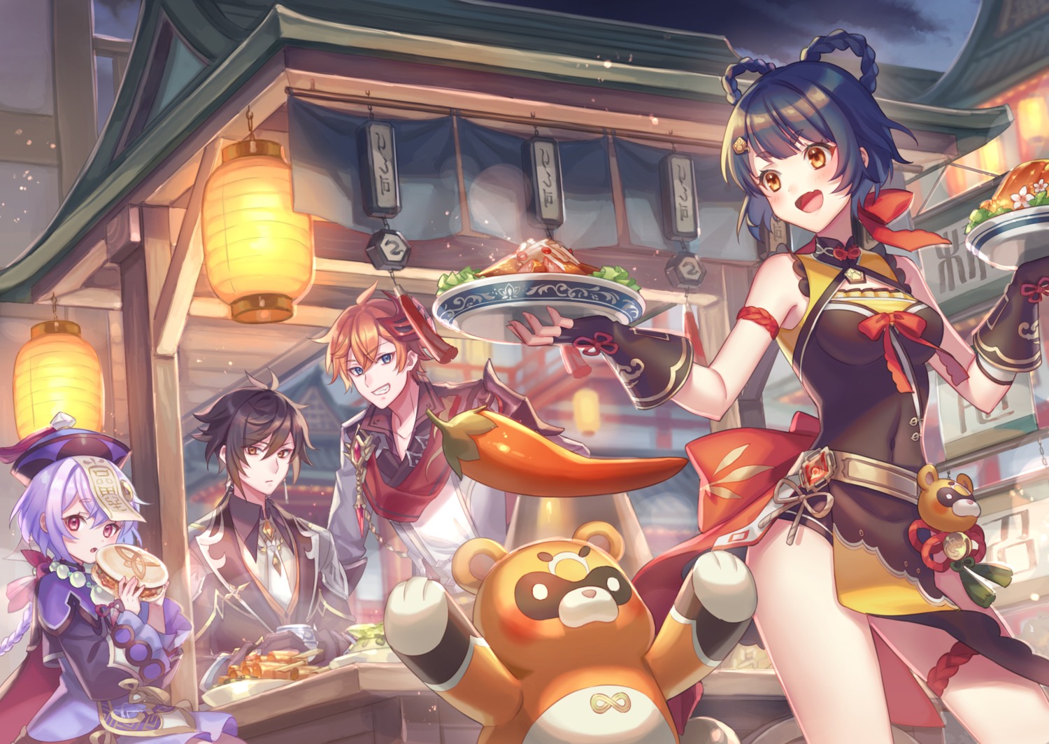 asian_clothes, chinadress, garter, genshin_impact, guoba, qiqi, skirt_lift, tartaglia