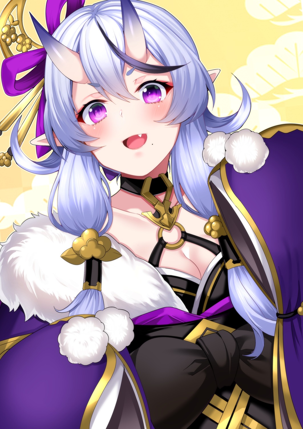 cleavage, horns, japanese_clothes, nijisanji, nijisanji_seeds, pointy_ears, rindou_mikoto, uzura_(moimoi)