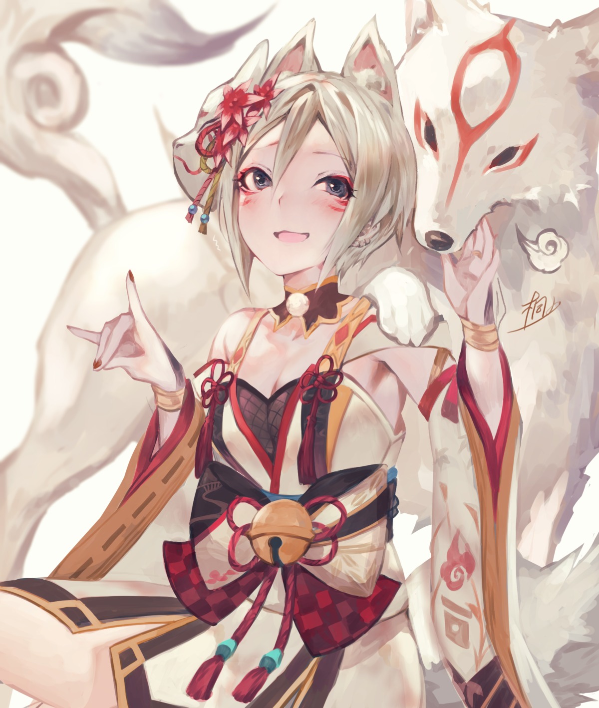 animal_ears, cleavage, japanese_clothes, kiriyama2109, kitsune, tail
