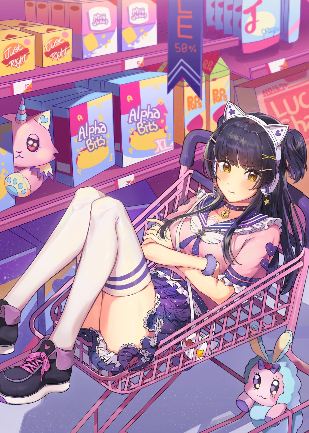 animal_ears, headphones, mayuzumi_fuyuko, seifuku, skirt_lift, tantan_(xrvf2288), the_idolm@ster, the_idolm@ster_shiny_colors, thighhighs