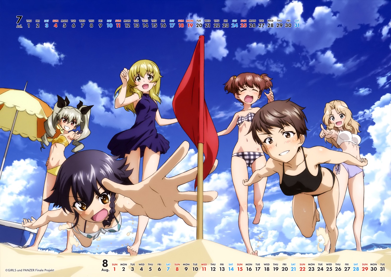 alisa_(girls_und_panzer), anchovy, bikini, calendar, carpaccio, dress, girls_und_panzer, kay_(girls_und_panzer), naomi_(girls_und_panzer), pepperoni, swimsuits