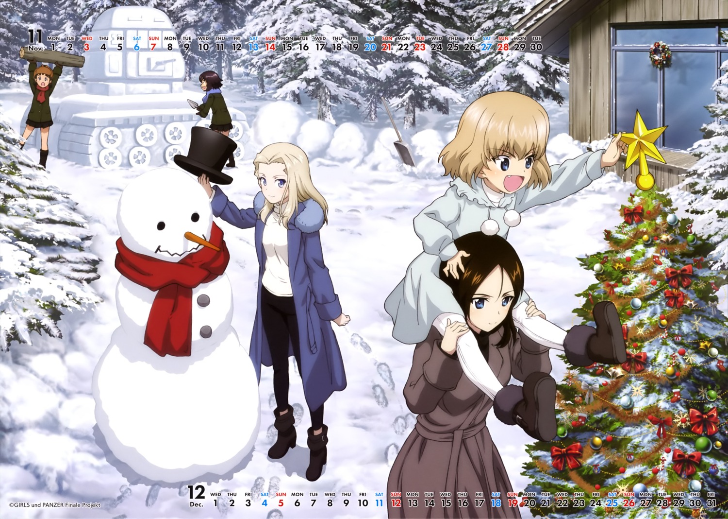 alina_(girls_und_panzer), calendar, christmas, clara_(girls_und_panzer), dress, girls_und_panzer, heels, katyusha