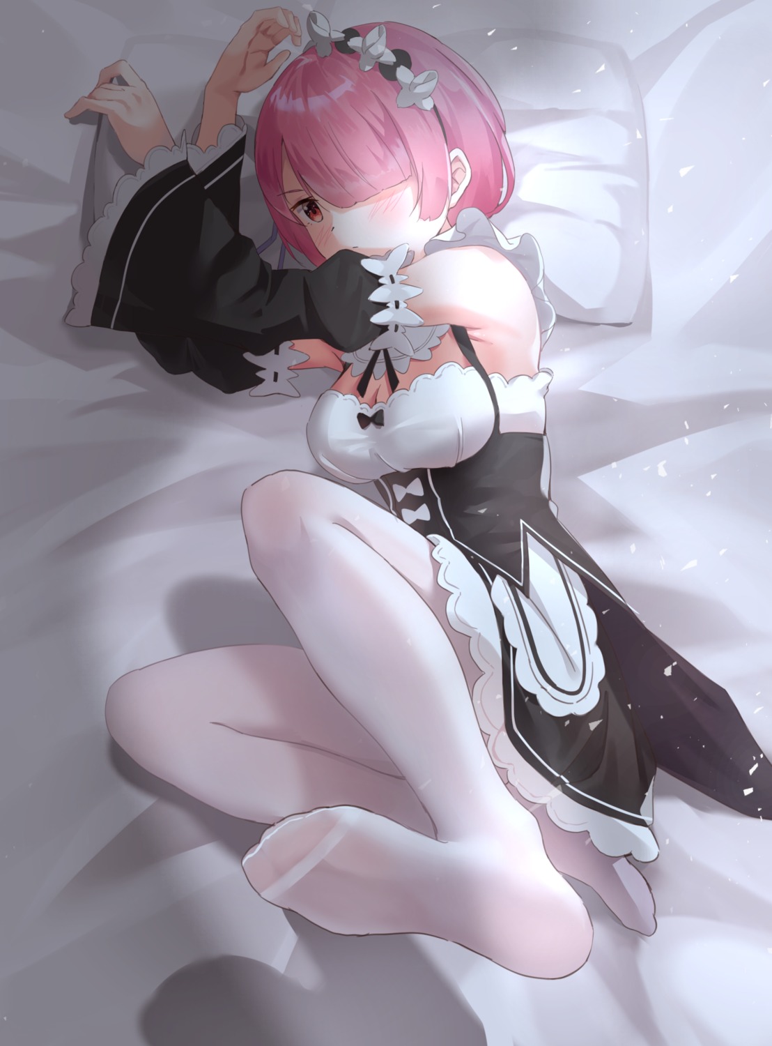 amanoyui, cleavage, feet, maid, ram_(re_zero), re:zero_kara_hajimeru_isekai_seikatsu, skirt_lift, thighhighs