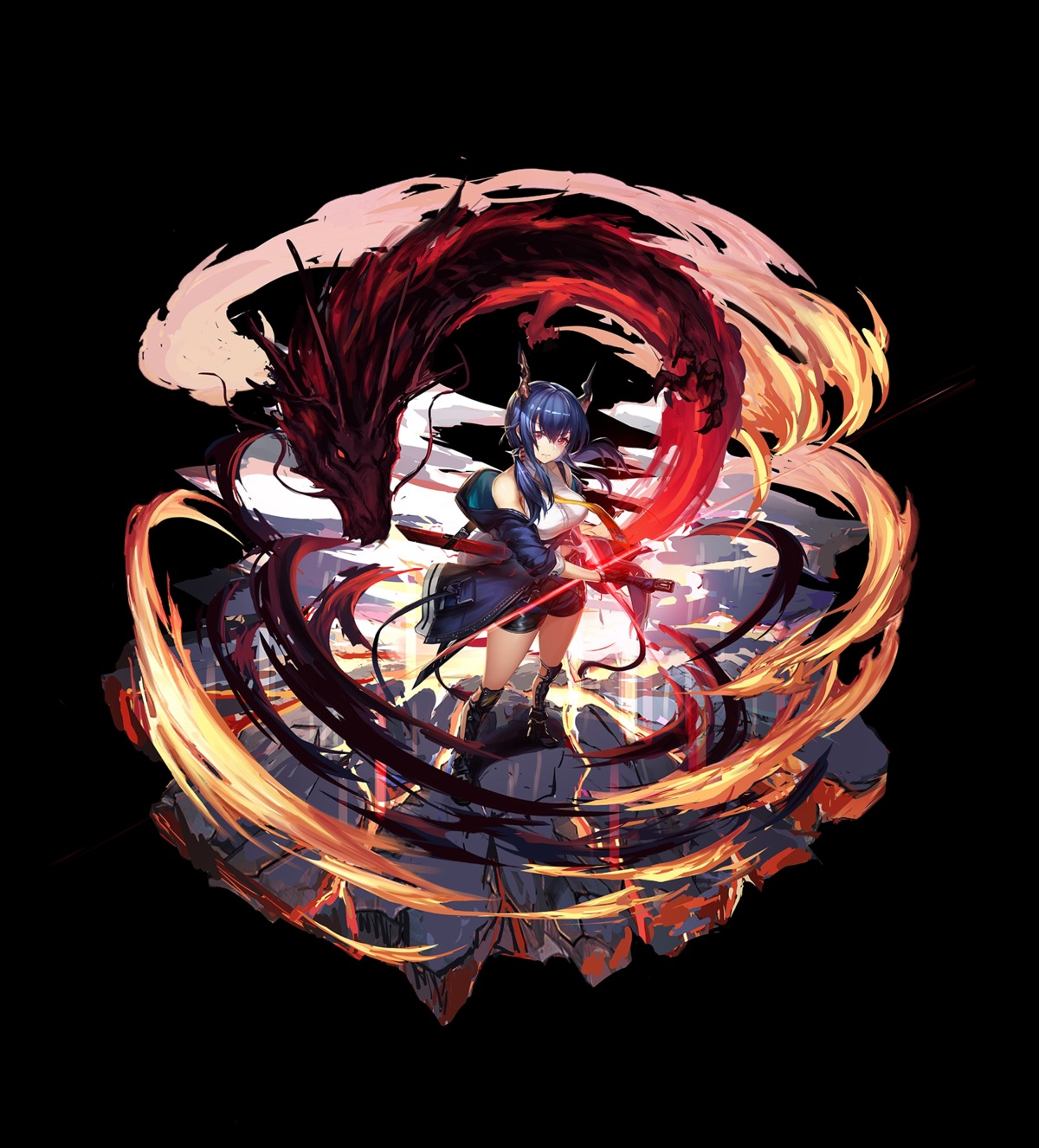arknights, ch'en_(arknights), horns, monster, sramy, sword, tail