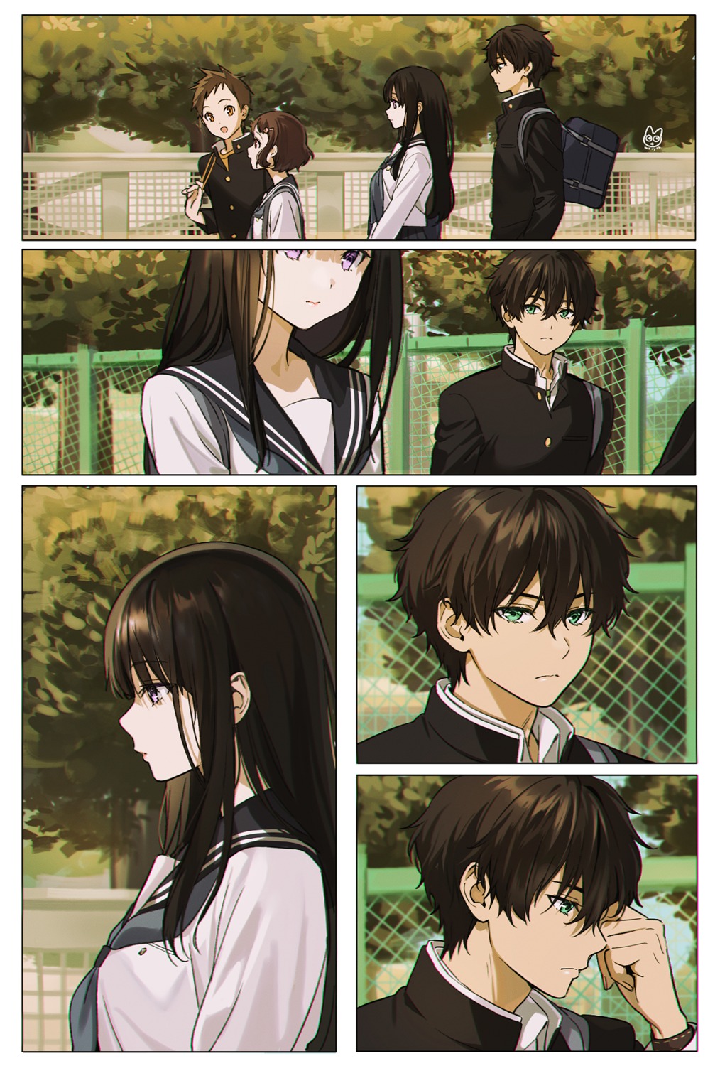 chitanda_eru, fukube_satoshi, hyouka, ibara_mayaka, mery_(yangmalgage), oreki_houtarou, seifuku