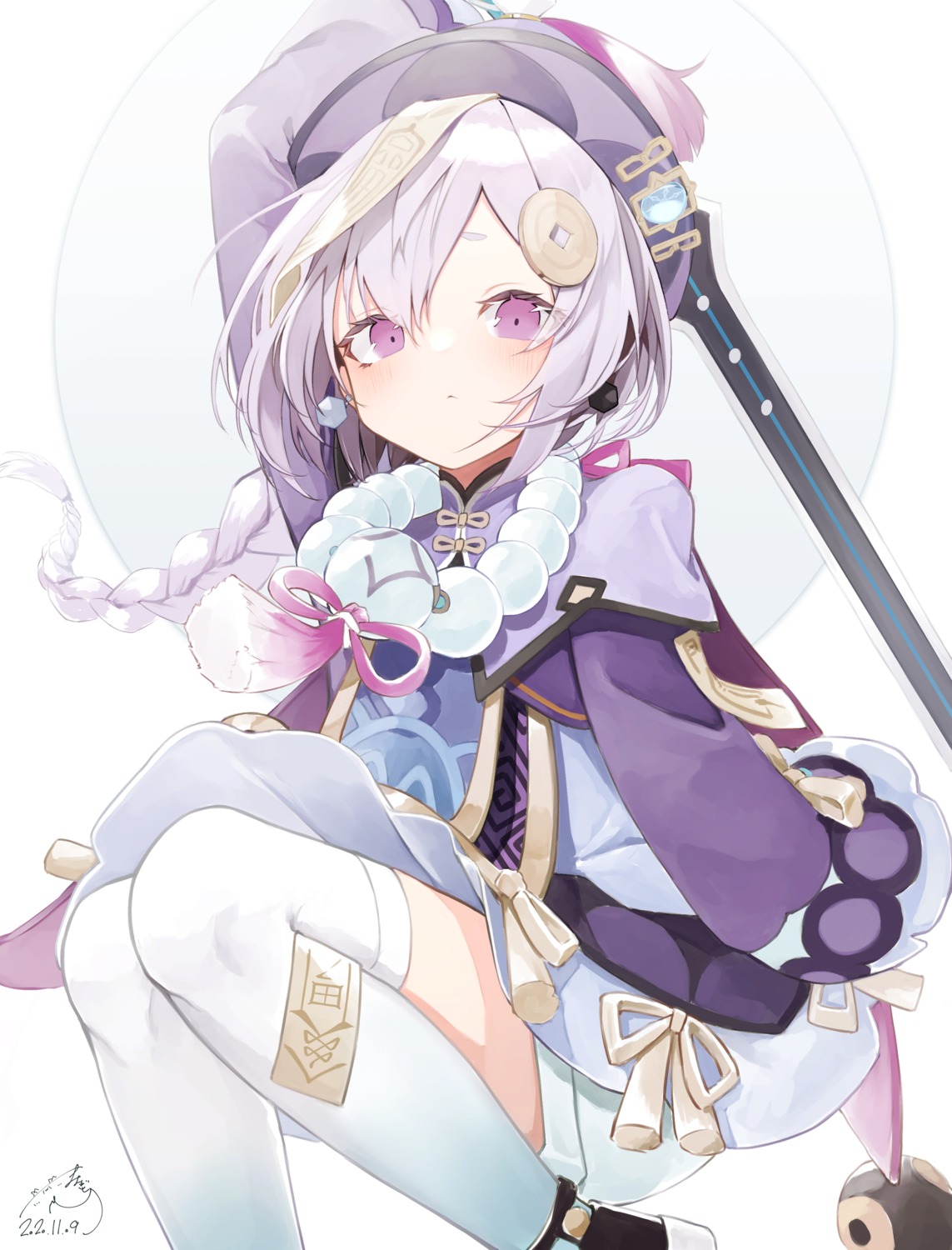 asian_clothes, genshin_impact, mayogii, qiqi, skirt_lift, sword, thighhighs