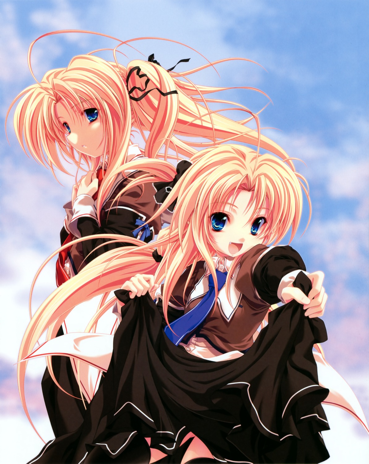 kanojo-tachi_no_ryuugi, miyama-zero, seifuku, shirogane_akane, shirogane_tobari, skirt_lift, thighhighs