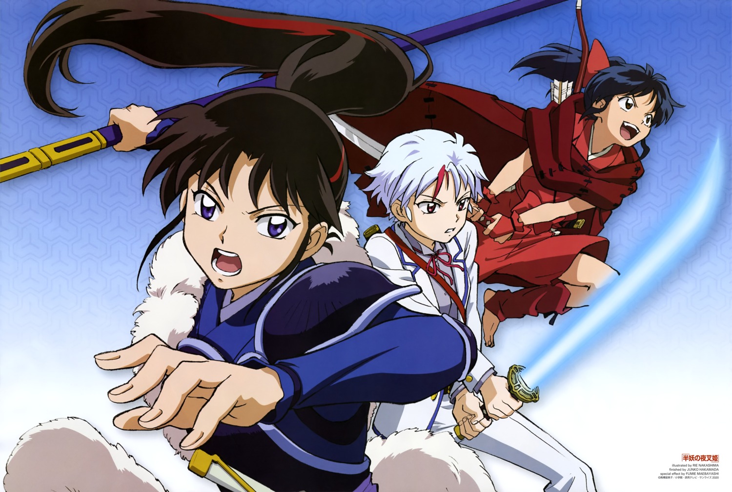 armor, crossdress, hanyou_no_yasha_hime, higurashi_towa, inuyasha, japanese_clothes, moroha_(yashahime), nakashima_rie, seifuku, setsuna_(yashahime), sword, weapon