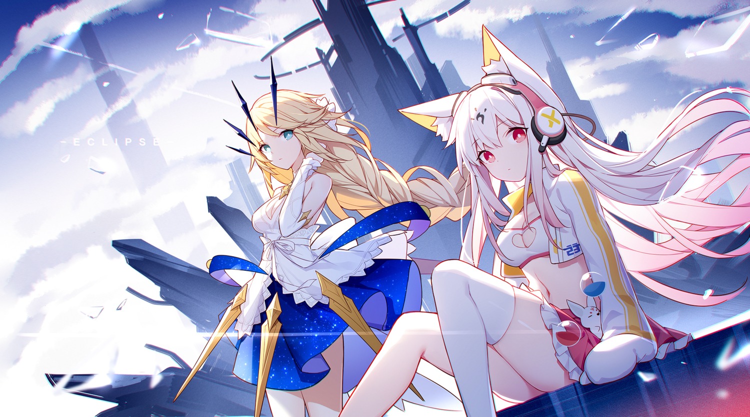 animal_ears, bra, cleavage, headphones, open_shirt, quan_(kurisu_tina), skirt_lift, thighhighs