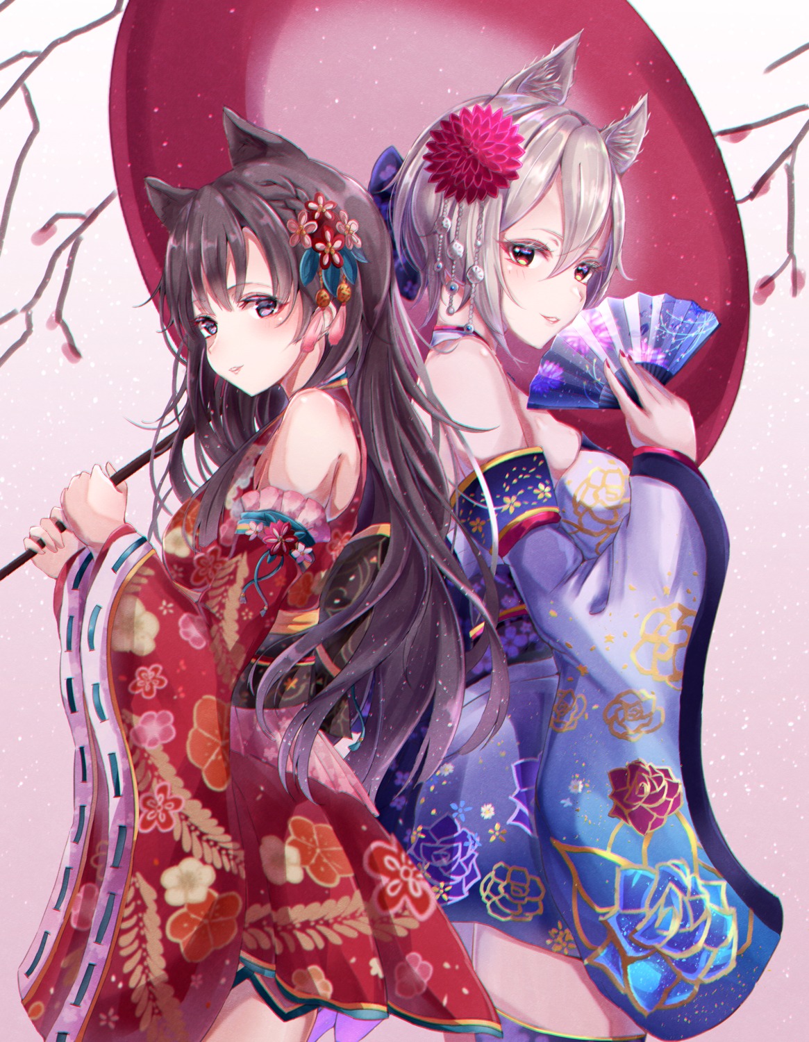 animal_ears, japanese_clothes, kobayakawa_sae, sa-ya, shiomi_shuuko, the_idolm@ster, the_idolm@ster_cinderella_girls, thighhighs, umbrella
