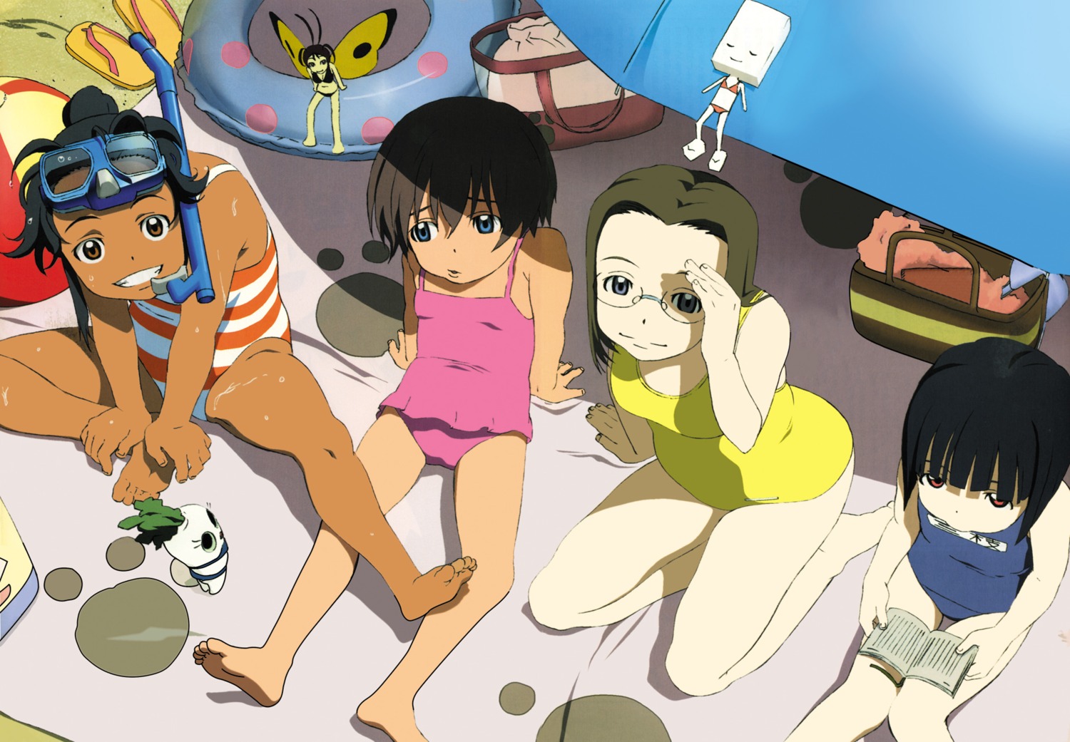 chou_(kamichu), daikon_bloomer, fairy, hitotsubashi_yurie, kamichu, megane, saegusa_miko, school_swimsuit, shijou_mitsue, swimsuits, tagme, toufu-chan, wet