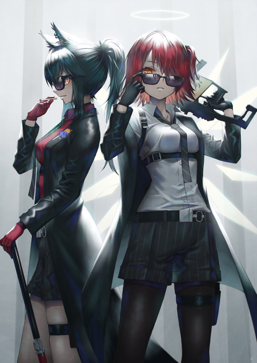 angel, animal_ears, arknights, exusiai_(arknights), garter, gun, megane, pantyhose