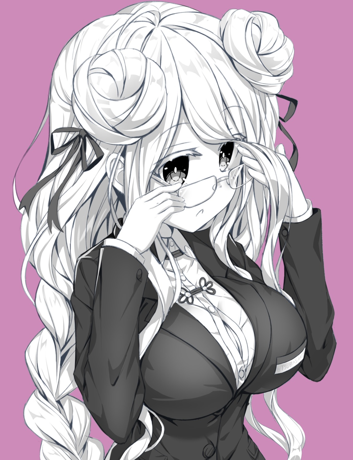 business_suit, cleavage, date_a_live, hoshimiya_mukuro, megane, monochrome, open_shirt, tsubasaki