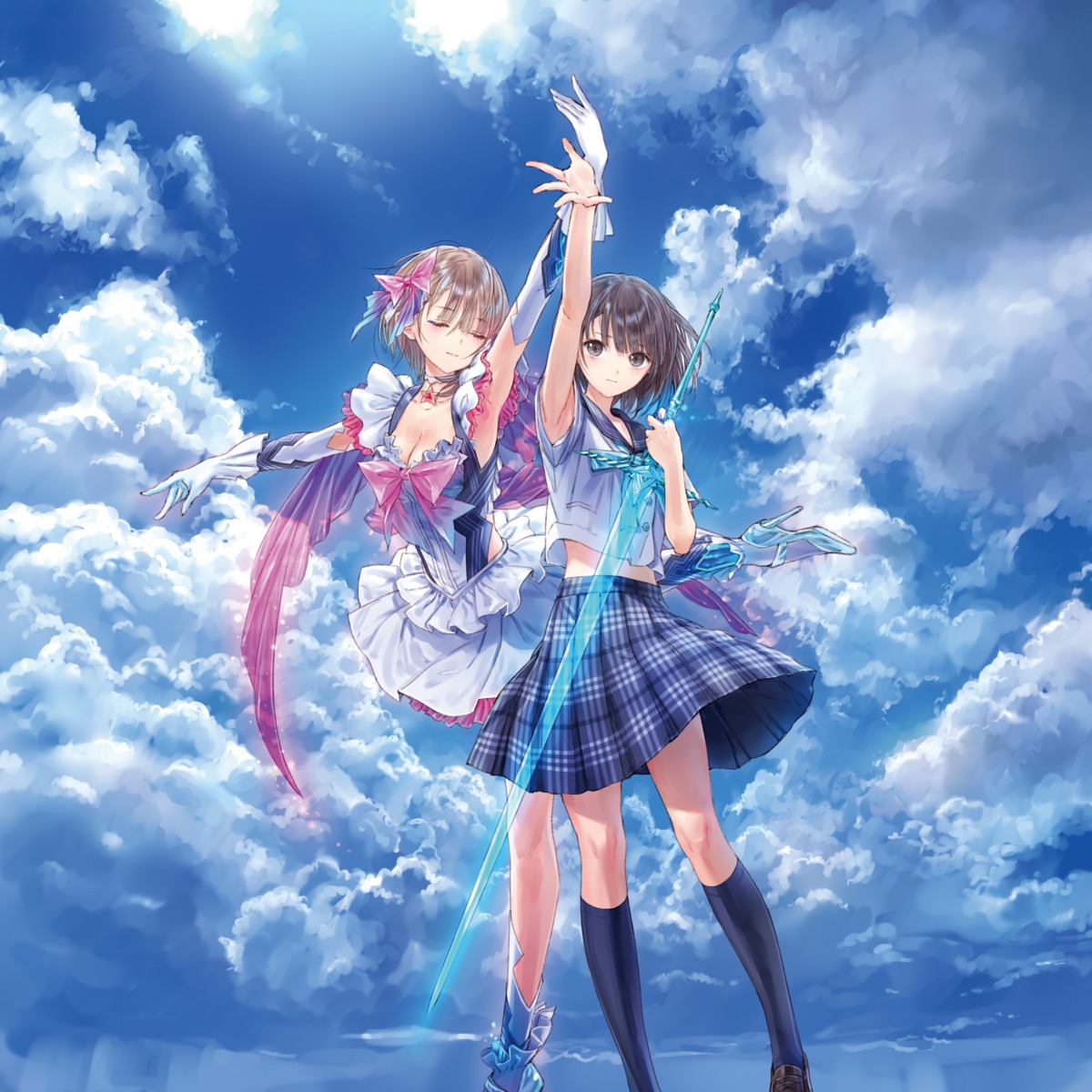 blue_reflection, cleavage, heels, kishida_mel, seifuku, shirai_hinako, skirt_lift, sword