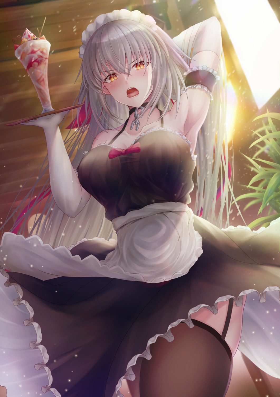 fate/grand_order, jeanne_d'arc, jeanne_d'arc_alter_(fate), maid, penguintake, skirt_lift, stockings, thighhighs