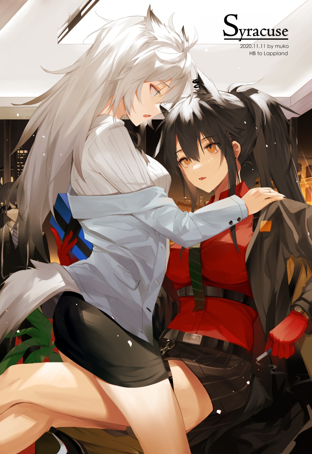 animal_ears, arknights, business_suit, lappland_(arknights), megane, meng_ziya, tail, texas_(arknights)