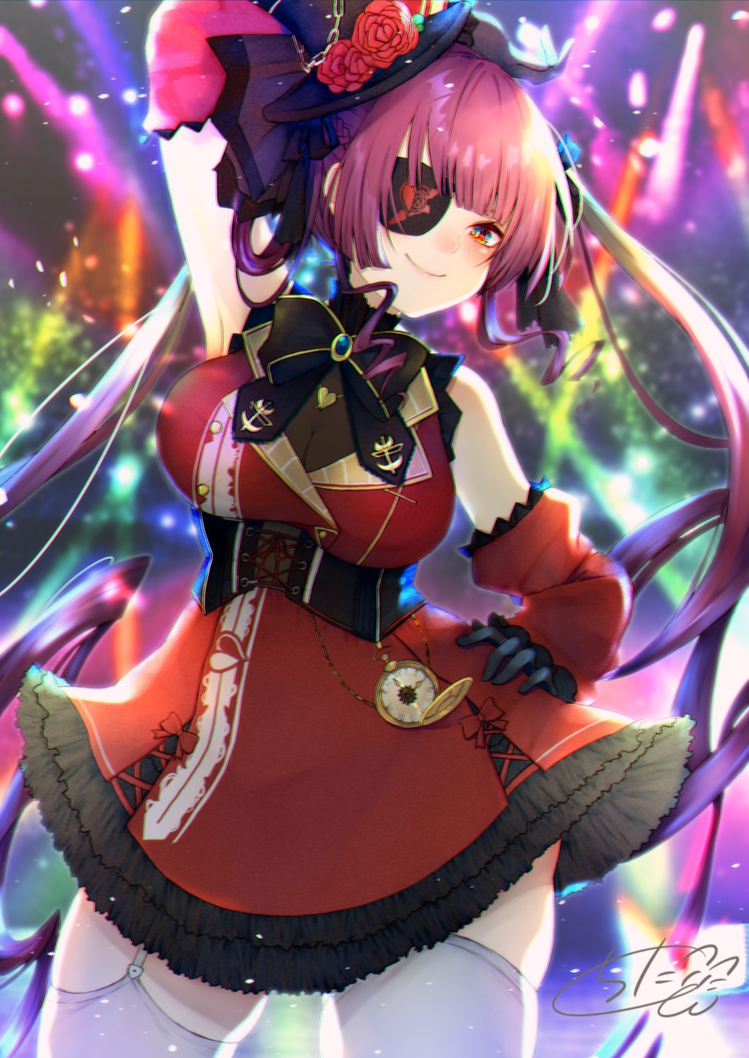 chita_(ketchup), cleavage, dress, eyepatch, hololive, houshou_marine, see_through, skirt_lift