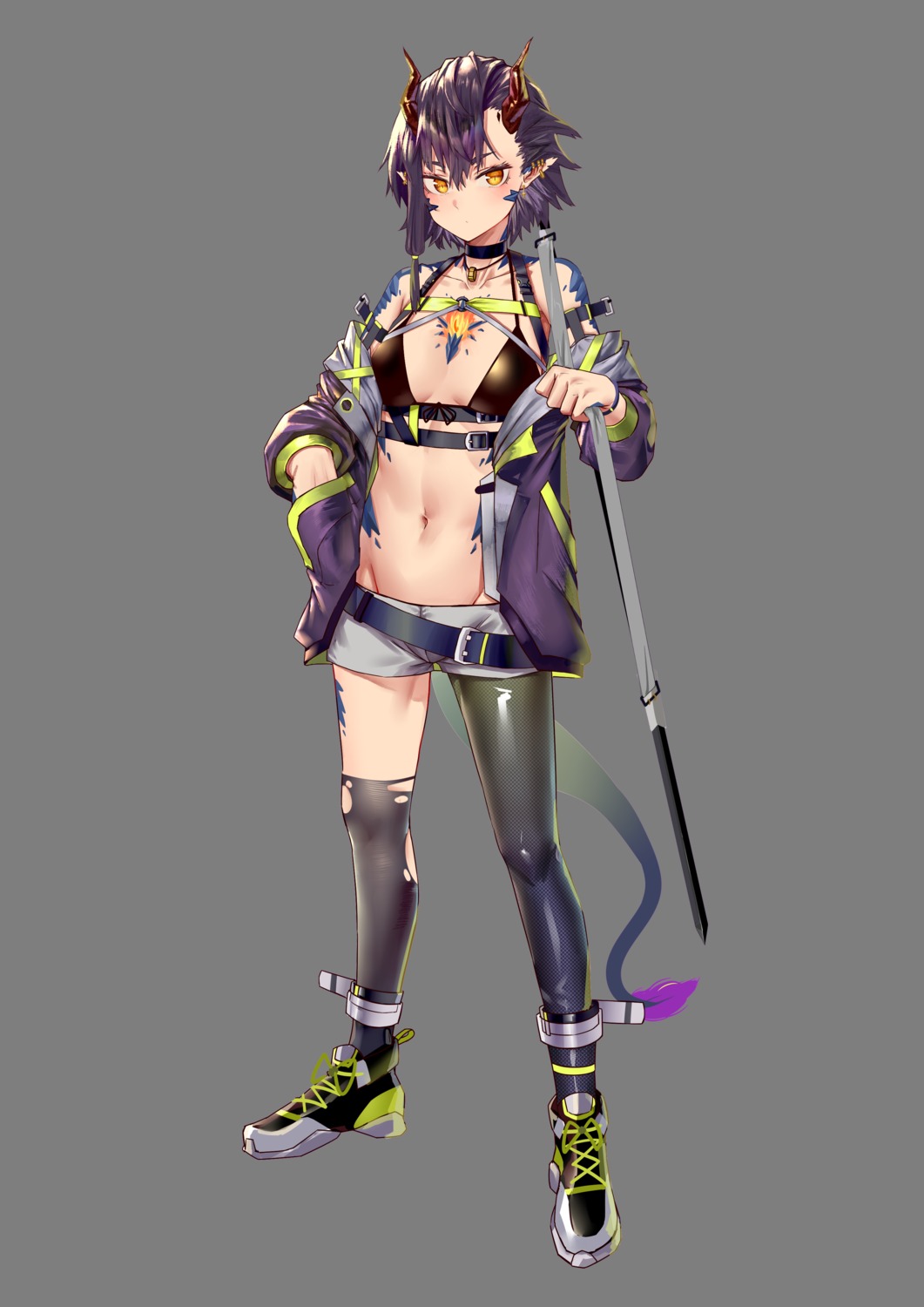 bikini_top, horns, jsiwji, open_shirt, pointy_ears, swimsuits, tail, thighhighs, torn_clothes