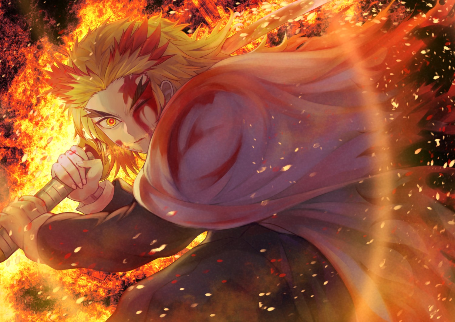 blood, kimetsu_no_yaiba, male, penguintake, rengoku_kyoujurou, sword