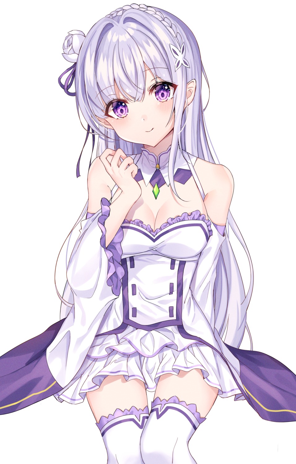 cleavage, dress, elf, emilia_(re_zero), pointy_ears, re:zero_kara_hajimeru_isekai_seikatsu, tess_(88884), thighhighs