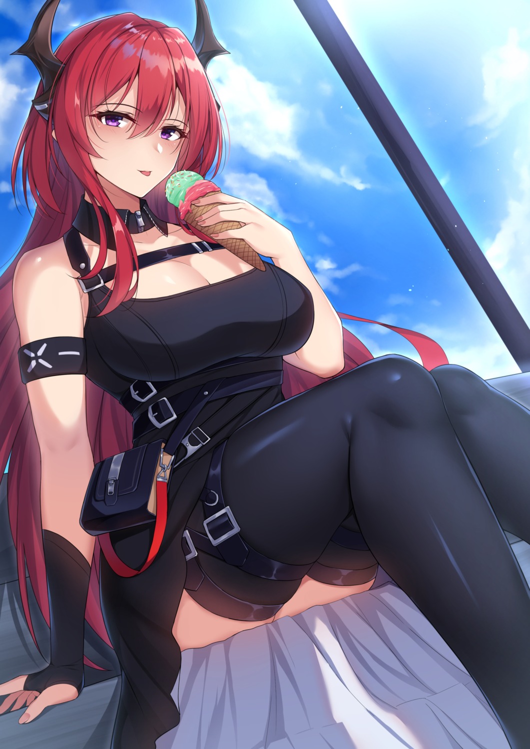 arknights, chapter0p, cleavage, garter, horns, skirt_lift, thighhighs