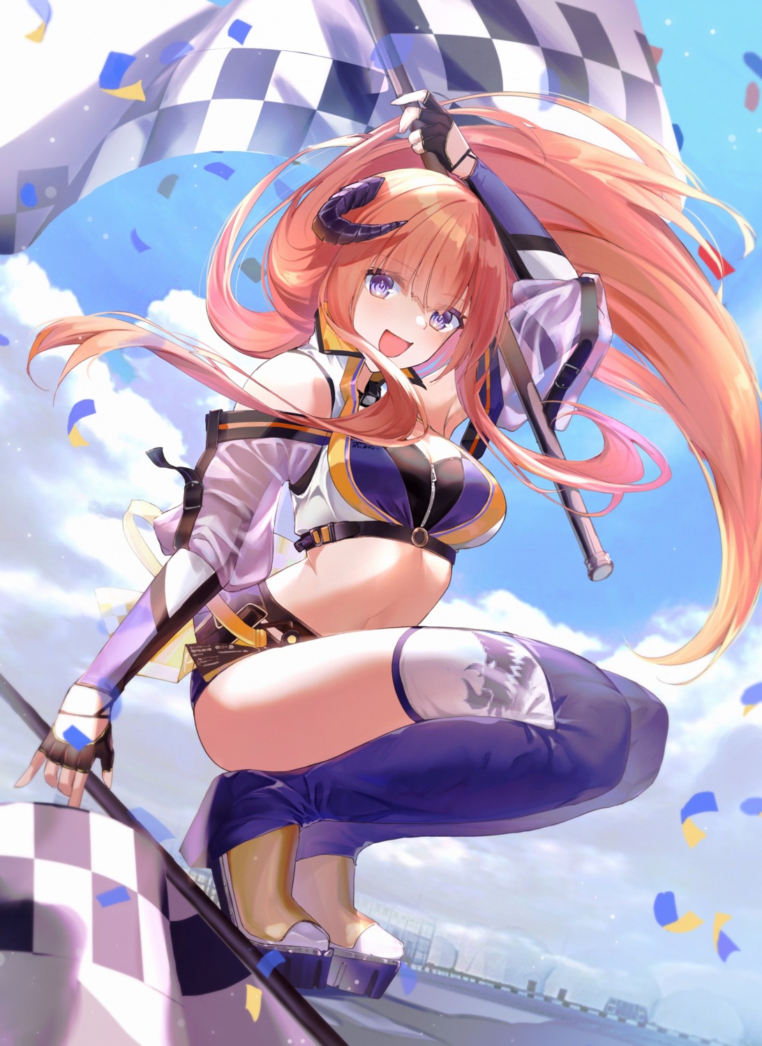 arknights, bagpipe_(arknights), cleavage, heels, horns, lims_(neko2lims), thighhighs