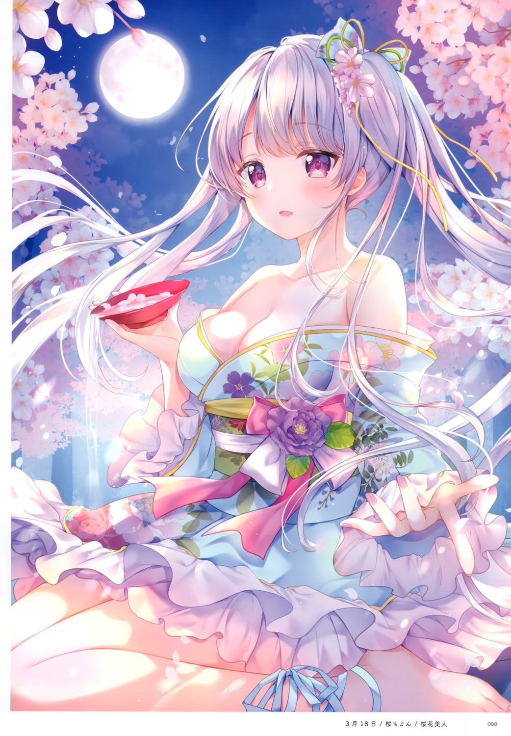 cleavage, japanese_clothes, kimono, sake, sakura_moyon