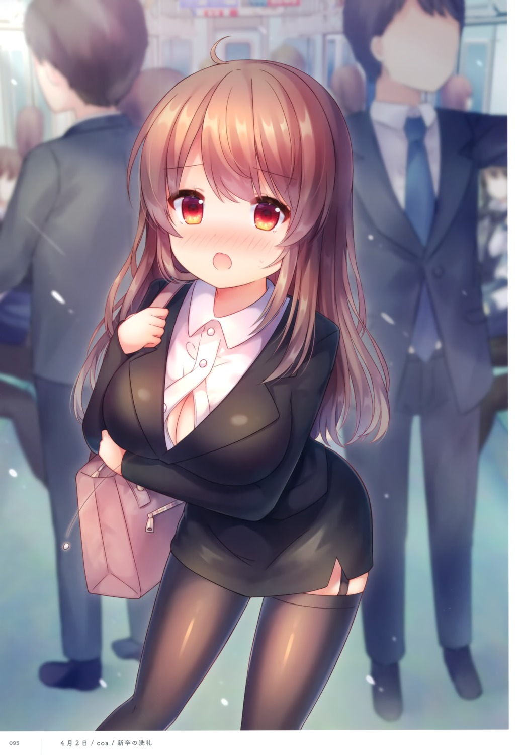 breast_hold, business_suit, cleavage, coa, dress_shirt, open_shirt, stockings, thighhighs, wardrobe_malfunction