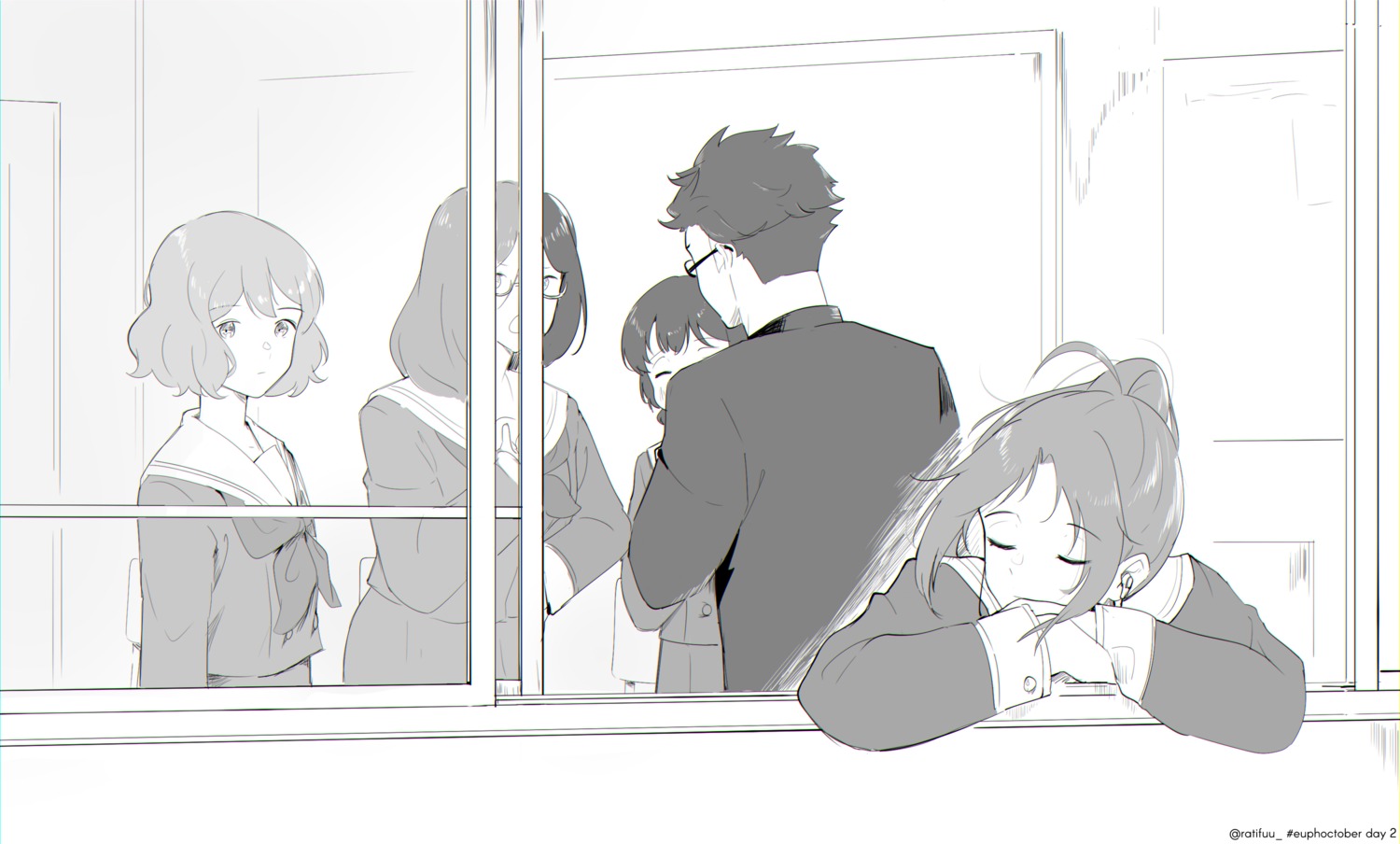 gotou_takuya, hibike!_euphonium, megane, monochrome, nagase_riko, nakagawa_natsuki, oumae_kumiko, ratifuu