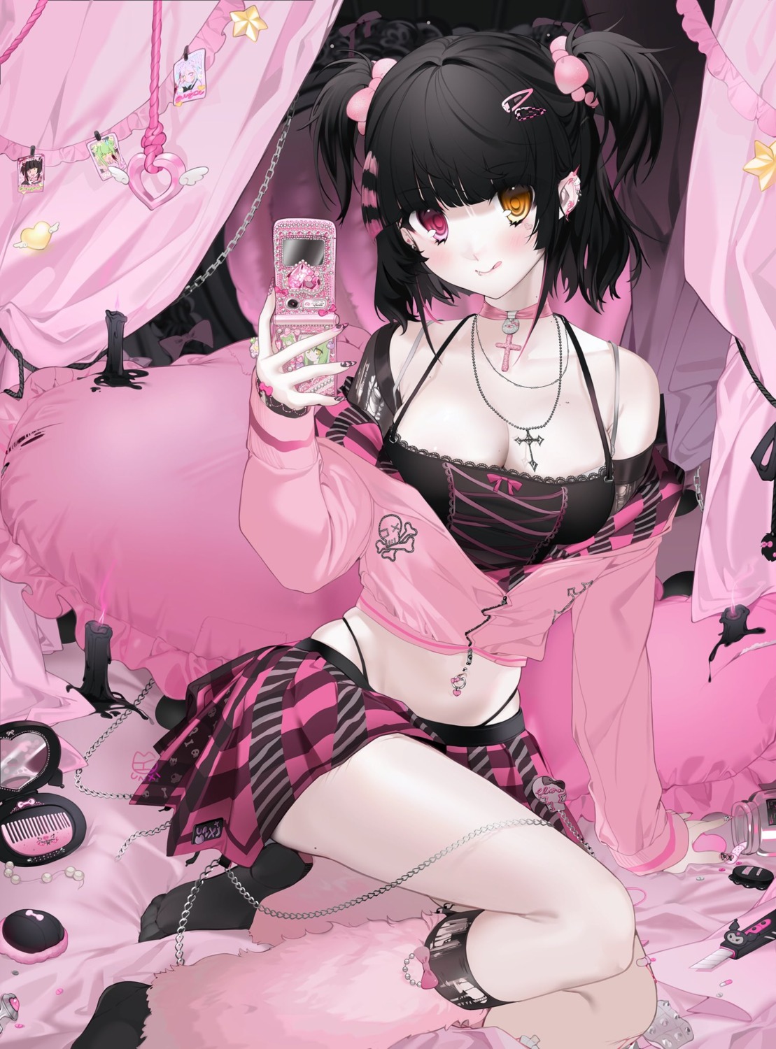 bra, cleavage, eliza_(unxi), heterochromia, pantsu, skirt_lift, unxi