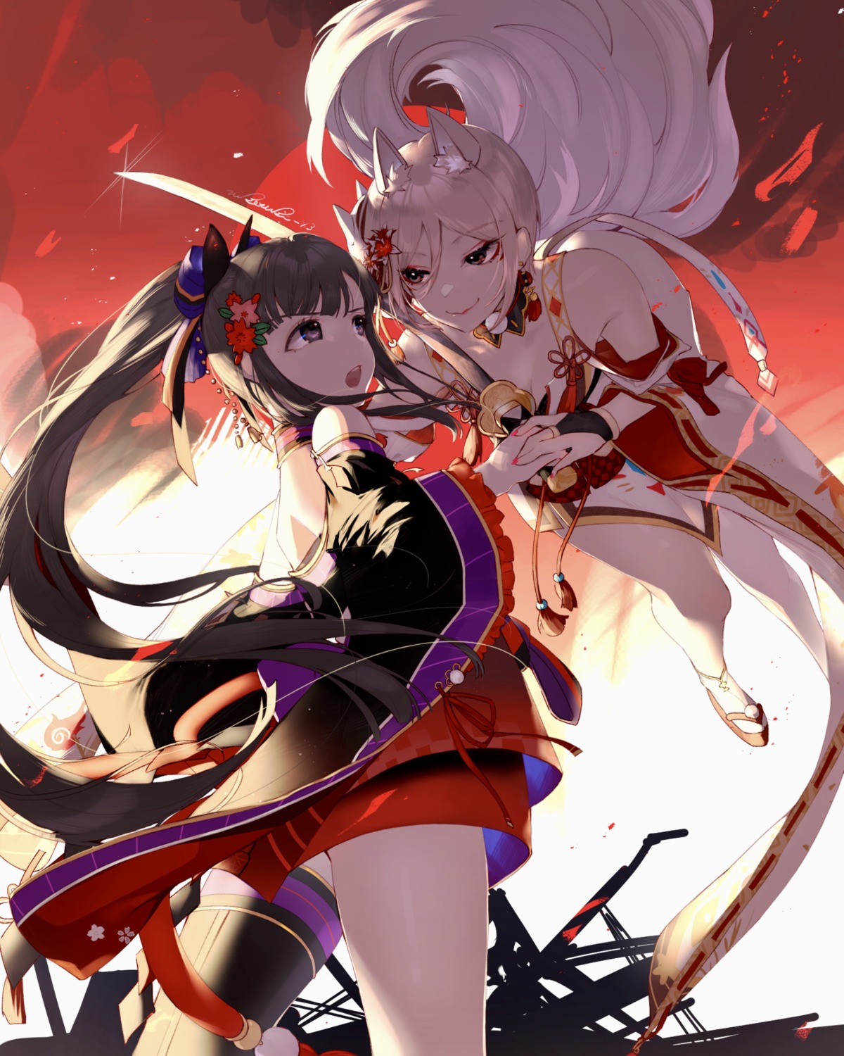 animal_ears, cleavage, japanese_clothes, kobayakawa_sae, koyo_akio, sword, tail, the_idolm@ster