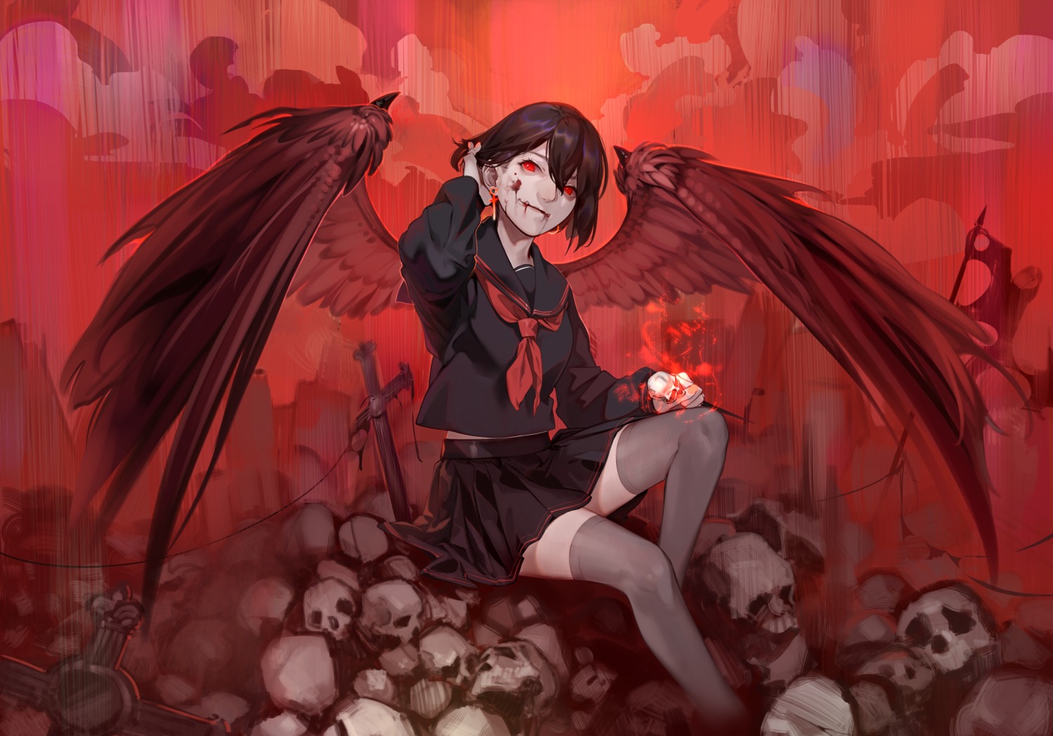 blood, chiizu_namasu, seifuku, skirt_lift, thighhighs, wings