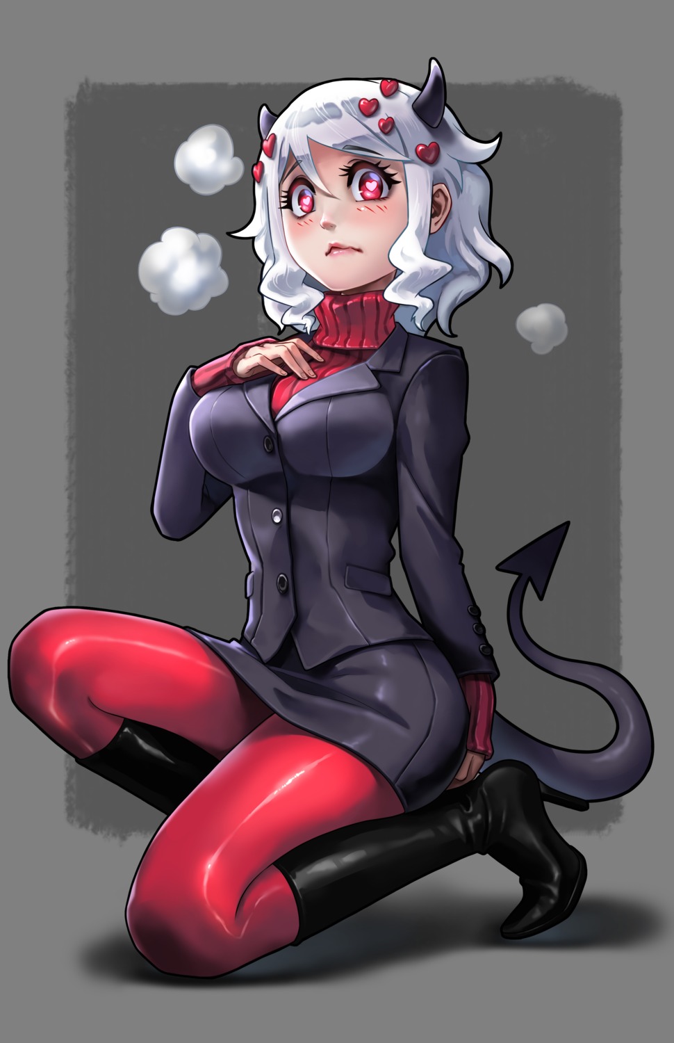 business_suit, heels, helltaker, horns, modeus_(helltaker), pandawei, pantyhose, skirt_lift, sweater, tail