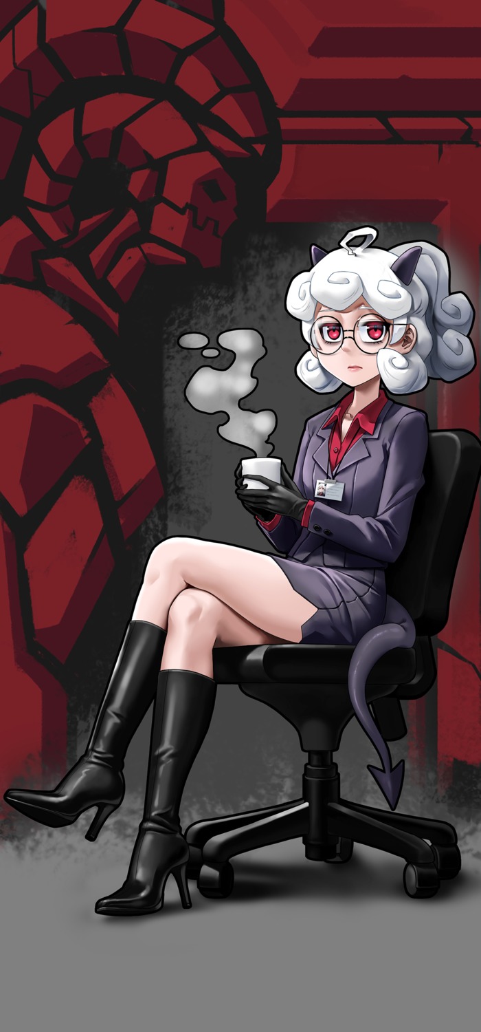 business_suit, heels, helltaker, horns, megane, pandawei, pandemonica_(helltaker), skirt_lift, tail