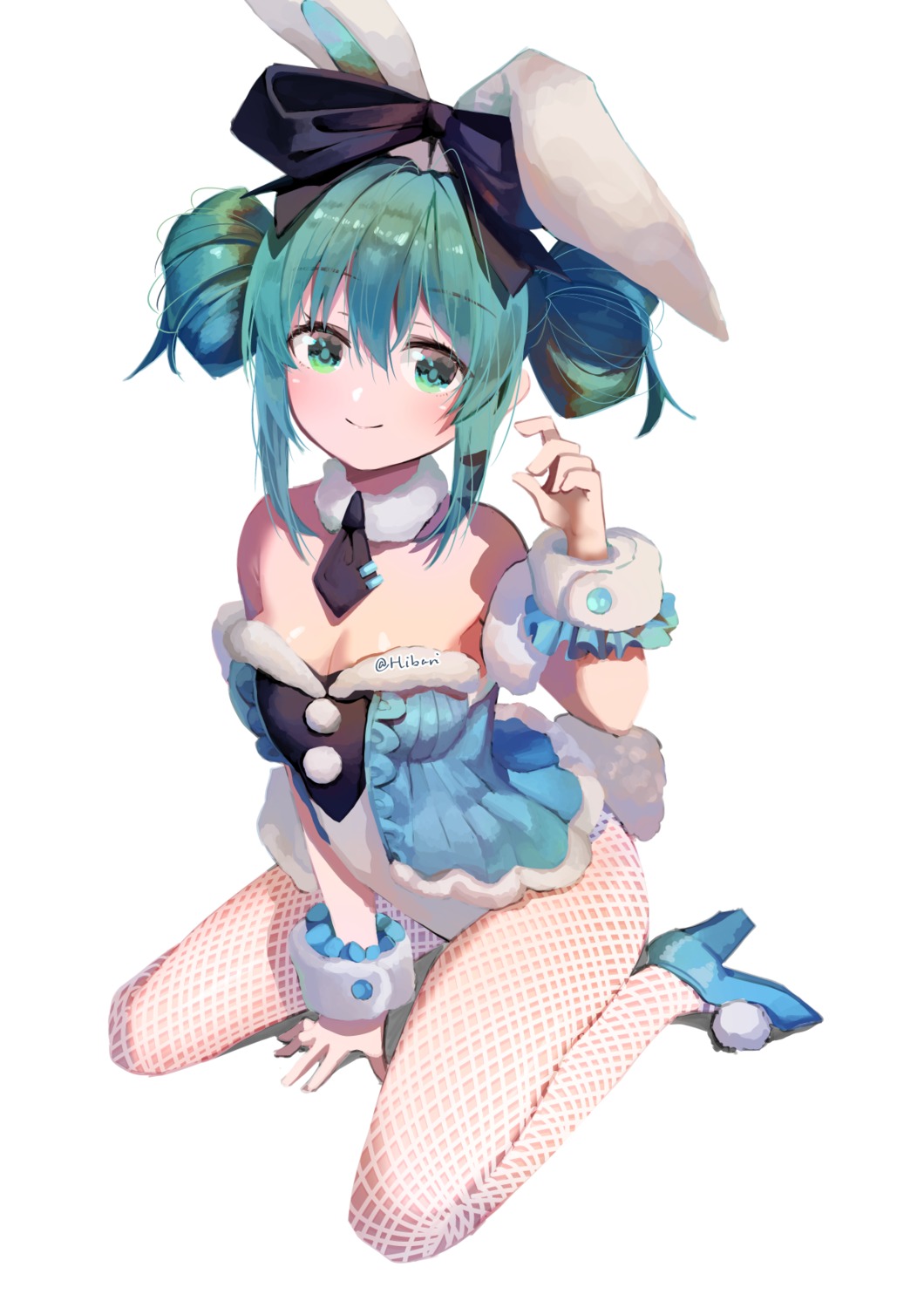 animal_ears, bicute_bunnies_miku, bunny_ears, bunny_girl, cleavage, fishnets, hatsune_miku, heels, hibari_hina, no_bra, pantyhose, tail, vocaloid
