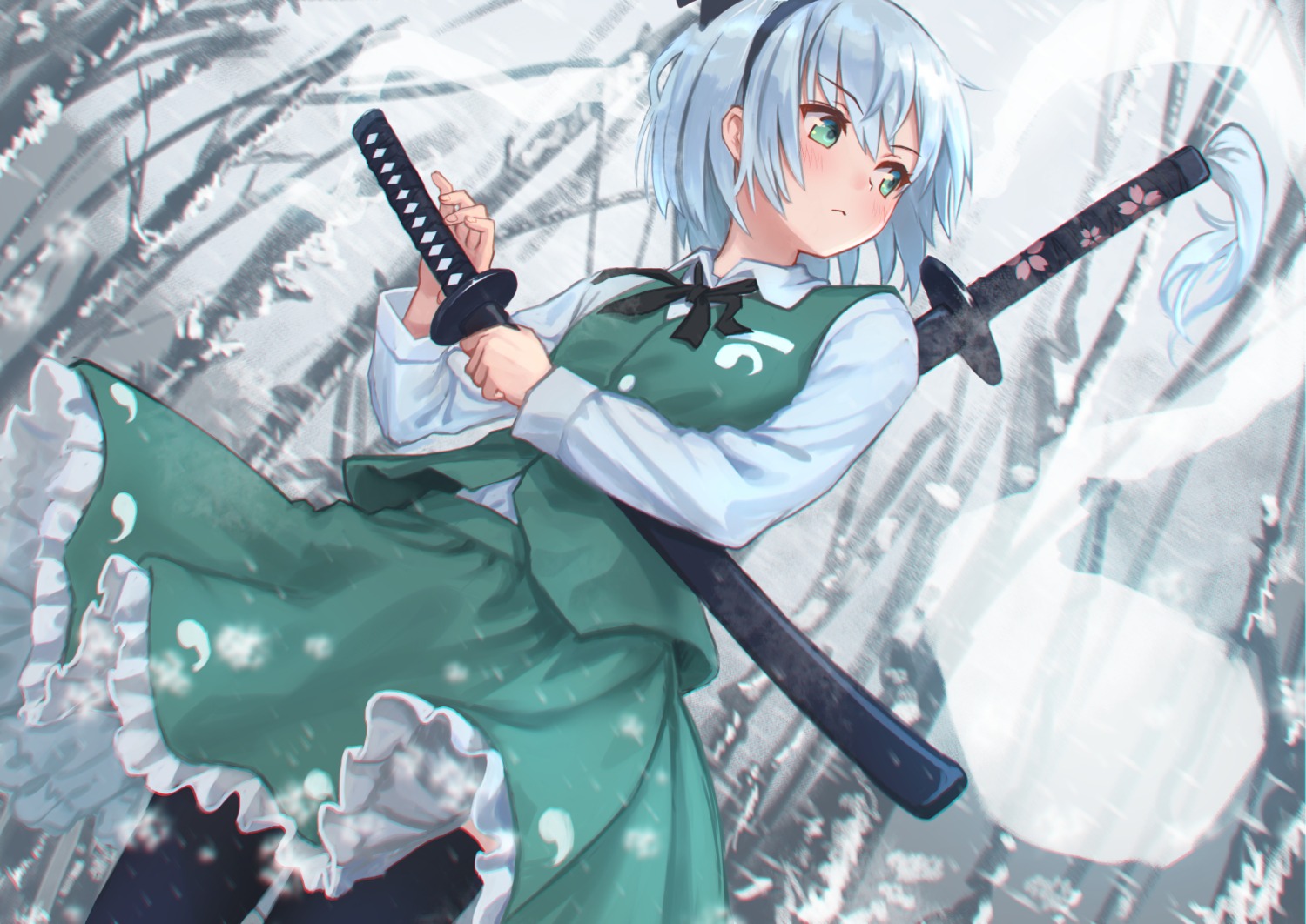 konpaku_youmu, myon, roke_(taikodon), skirt_lift, sword, thighhighs, touhou