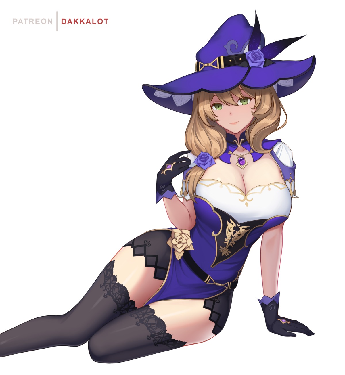 dakkalot, dress, genshin_impact, lisa_(genshin_impact), thighhighs, witch