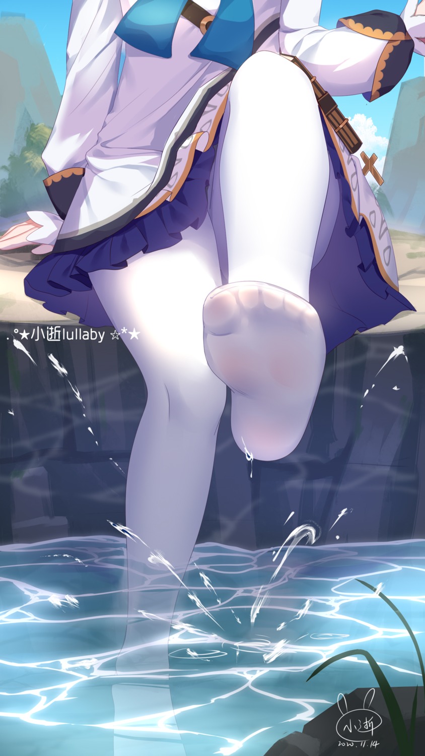 barbara_(genshin_impact), dress, feet, genshin_impact, pantyhose, skirt_lift, wet, xiao_shi_lullaby